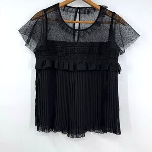 Zara Black Mesh Pleated Top Blouse S Sheer Crochet Whimsigoth Dark Fairy Y2K